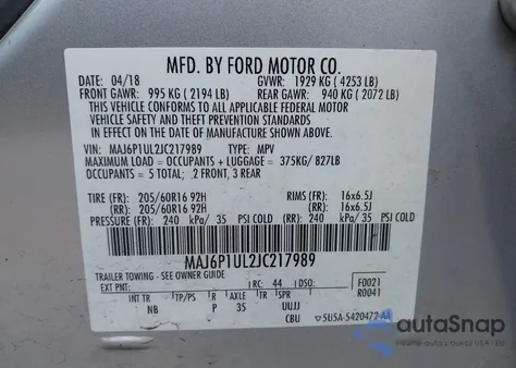 2018 Ford Ecosport Se из США, поврежденный, VIN MAJ6P1UL2JC217989